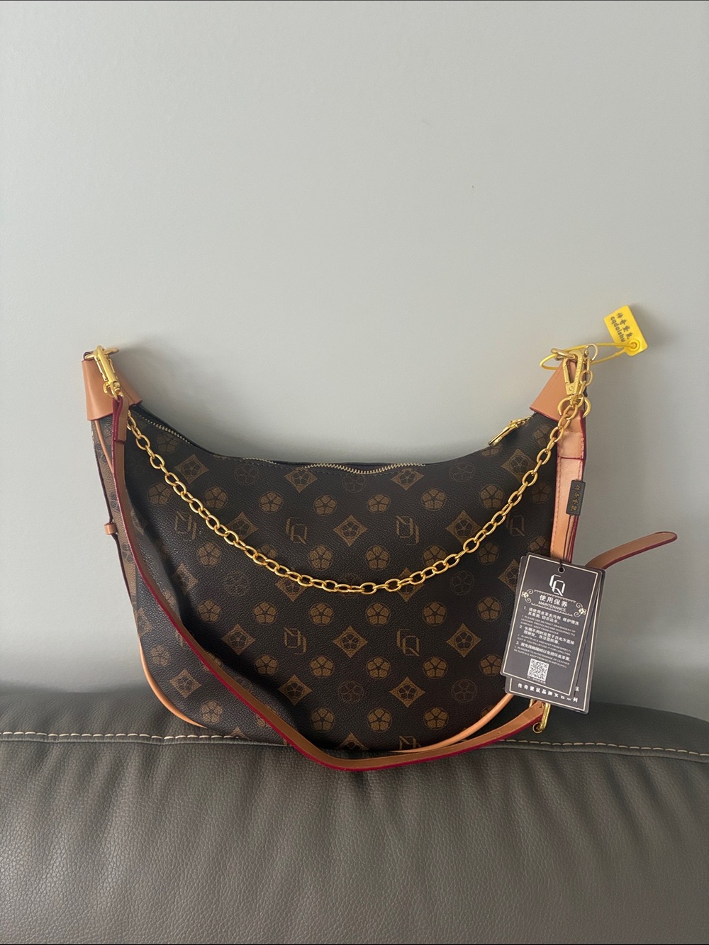 Monogram Crescent Hobo Bag with Gold Chain and Crossbody Strap Gold Hardware NWT